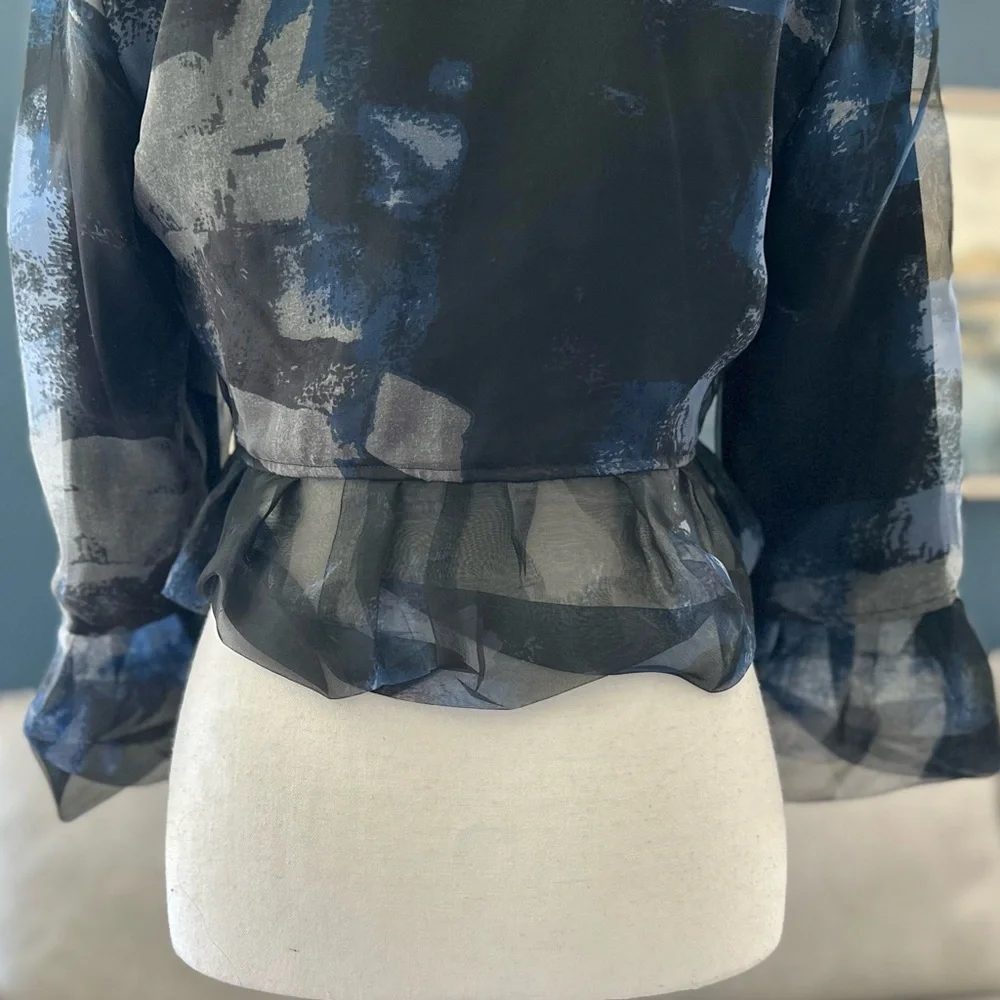 Samuel Dong 100% Silk Organza Crop Bolero Jacket, Blue/Black/Gray Print, Sz S - Picture 7 of 12